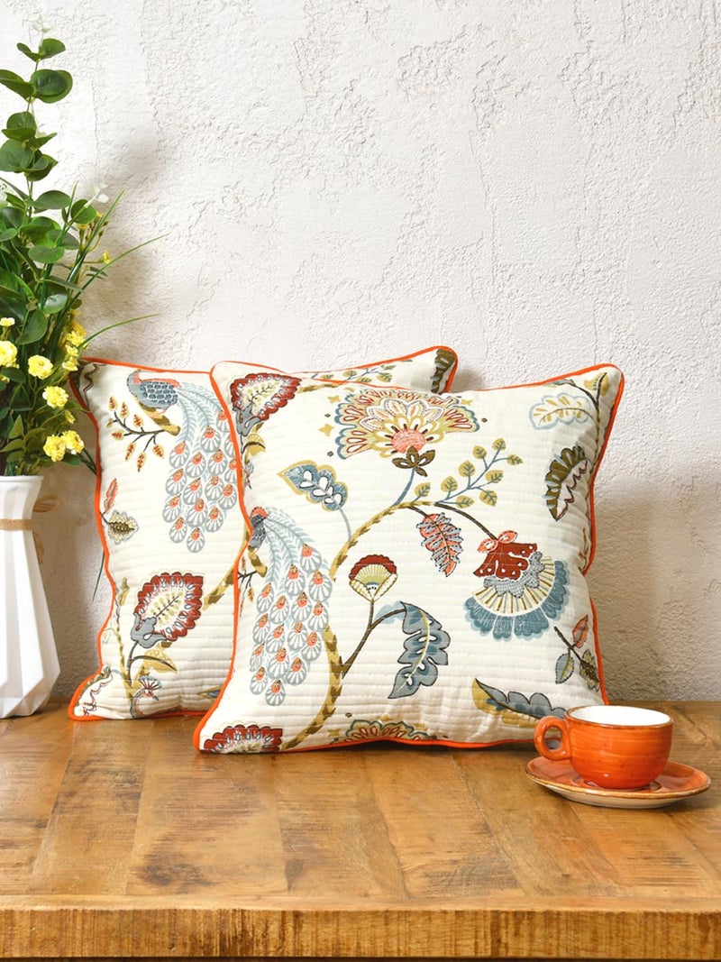 Clasiko Cotton Cushion Covers Set of 2; 12x12 Inches; Multicolor Peacock - Image 1