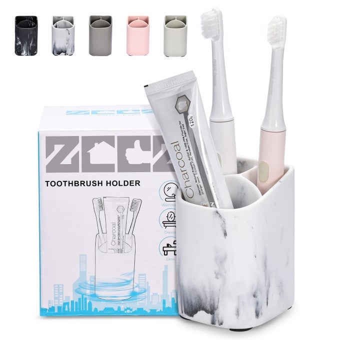 TOOTHBRUSH HOLDER FOR BATHROOM PERFECT ELECTRIC OR KIDS TOOTHBRUSH ORGANIZER PREMIUM WHITE MARBLE BATHROOM ACCESSORY FOR MODERN AND STYLISH COUNTERTOP STORAGE
