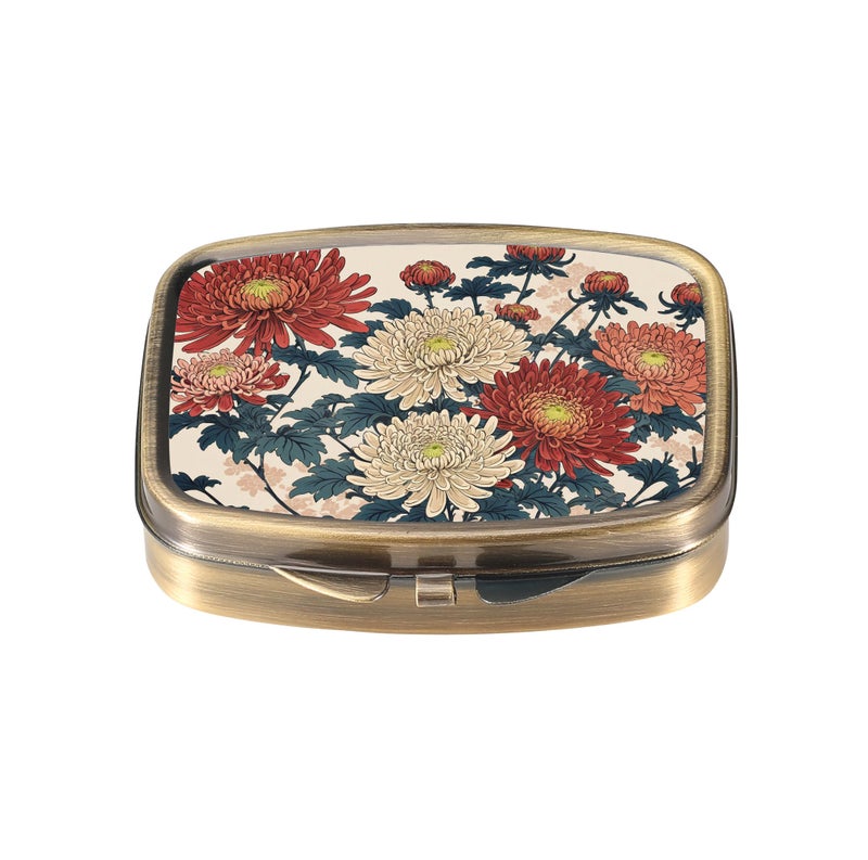 Dynippy Pill Case Pill Box with Mirror Retro Pocket 2 Compartment Medicine Case Vitamin Pill Organizer for Pocket Purse and Travel (Retro- Traditional Chrysanthemums) - Image 1