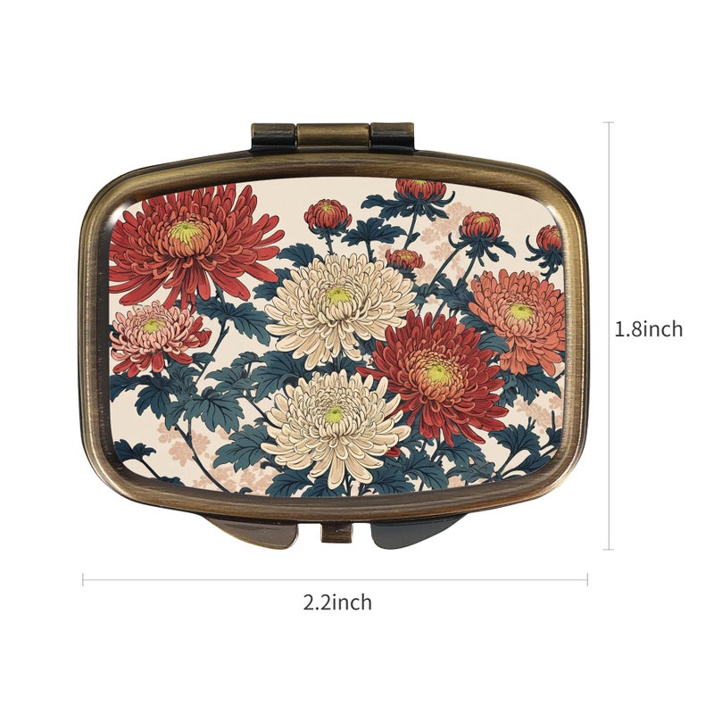 Dynippy Pill Case Pill Box with Mirror Retro Pocket 2 Compartment Medicine Case Vitamin Pill Organizer for Pocket Purse and Travel (Retro- Traditional Chrysanthemums) - Image 2