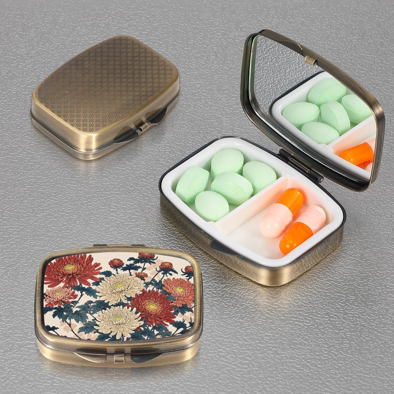Dynippy Pill Case Pill Box with Mirror Retro Pocket 2 Compartment Medicine Case Vitamin Pill Organizer for Pocket Purse and Travel (Retro- Traditional Chrysanthemums) - Image 3