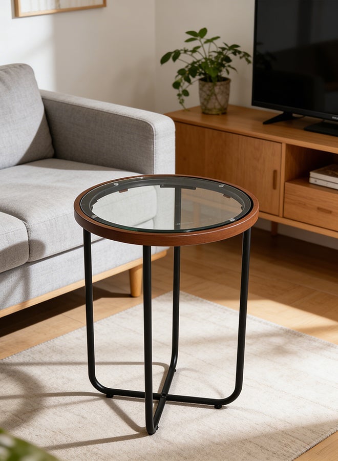 Migue home طاولة قهوة دائرية لغرفة المعيشة، طاولة جانبية بسطح زجاجي، سهلة التجميع، 50 سم ارتفاع × 35 سم عرض، لون حدود الجوز - Image 1