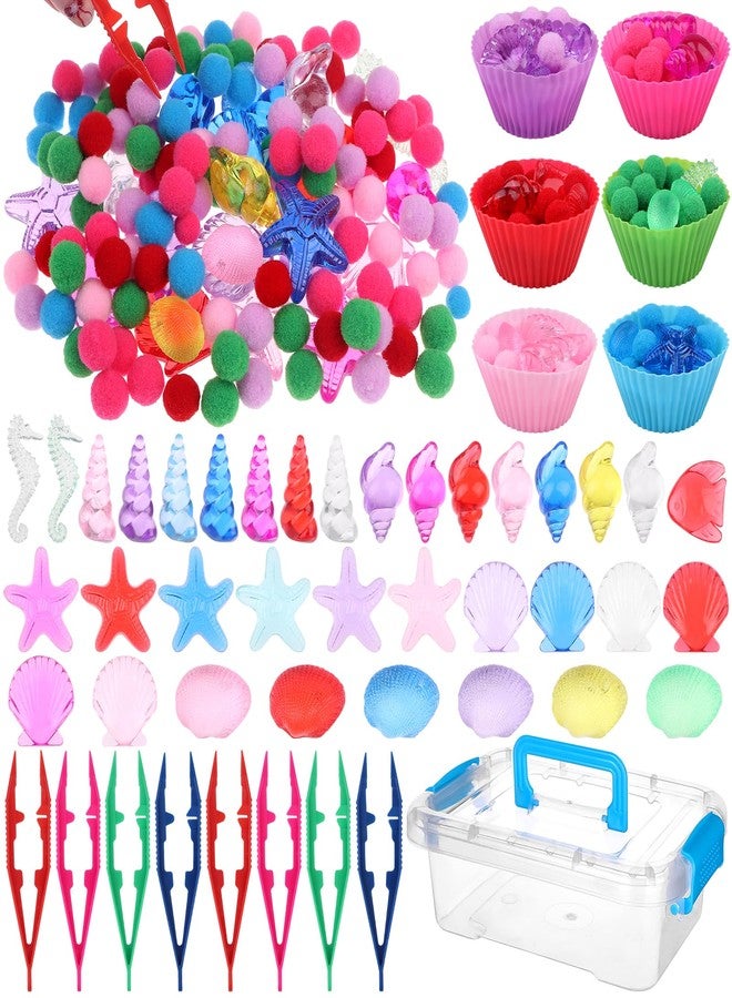 Easywiny 355 Pcs Summer Beach Sensory Bin Filler Fine Motor Toys Counting Sorting 200 Felt Toys 140 Resin Beach Creatures 8 Tweezers 6 Silicone Plates 1 Storage Box for Counting Sorting DIY Crafts(Summer) - Image 1