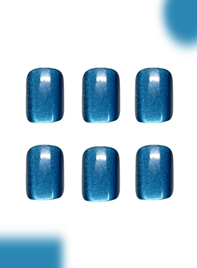 TOGZOM 24 Pcs Blue Cat Eye Full Cover Press On Toenails Short Square Fake Toe Nails Glossy Shiny Acrylic Nails Dark Blue Cat Eye False Toe Nails with Glue Stickers for Women Nails Decoration Manicure - Image 2