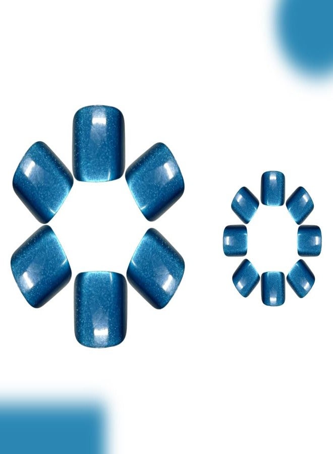 TOGZOM 24 Pcs Blue Cat Eye Full Cover Press On Toenails Short Square Fake Toe Nails Glossy Shiny Acrylic Nails Dark Blue Cat Eye False Toe Nails with Glue Stickers for Women Nails Decoration Manicure - Image 5