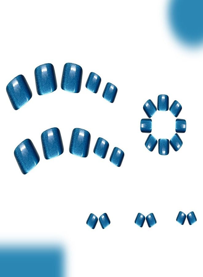 TOGZOM 24 Pcs Blue Cat Eye Full Cover Press On Toenails Short Square Fake Toe Nails Glossy Shiny Acrylic Nails Dark Blue Cat Eye False Toe Nails with Glue Stickers for Women Nails Decoration Manicure - Image 3