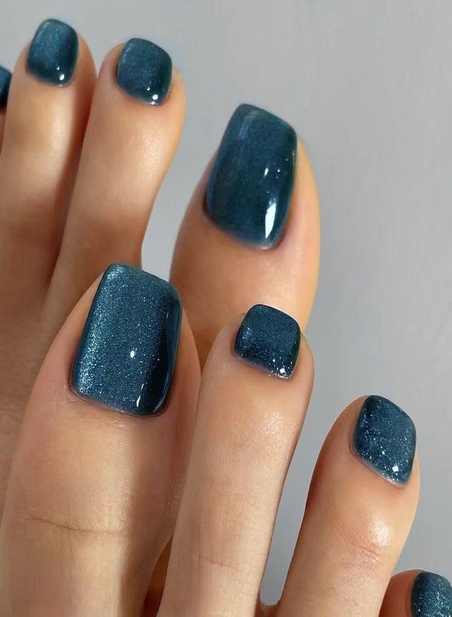TOGZOM 24 Pcs Blue Cat Eye Full Cover Press On Toenails Short Square Fake Toe Nails Glossy Shiny Acrylic Nails Dark Blue Cat Eye False Toe Nails with Glue Stickers for Women Nails Decoration Manicure - Image 1