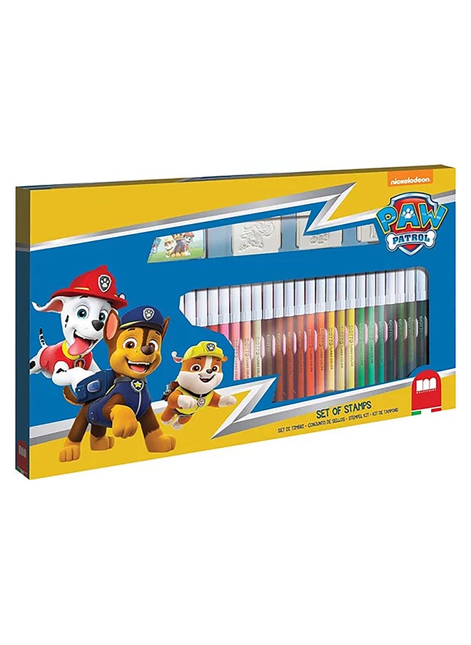 MULTIPRINT Paw Patrol 36 Felt Tip Pens Set  36 Felt Pens, 3 Stamps, 1 Ink Pad And 1 Coloring Book  - Image 1