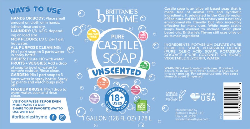 Brittanie's Thyme Brittanie's Pure Organic Castile Liquid Olive Oil Soap Refill, 1 Gallon Unscented | Face, Body Wash, All Purpose Cleaner, Dishes, Pets & Laundry | Vegan, Biodegradable, Made in USA - Image 2