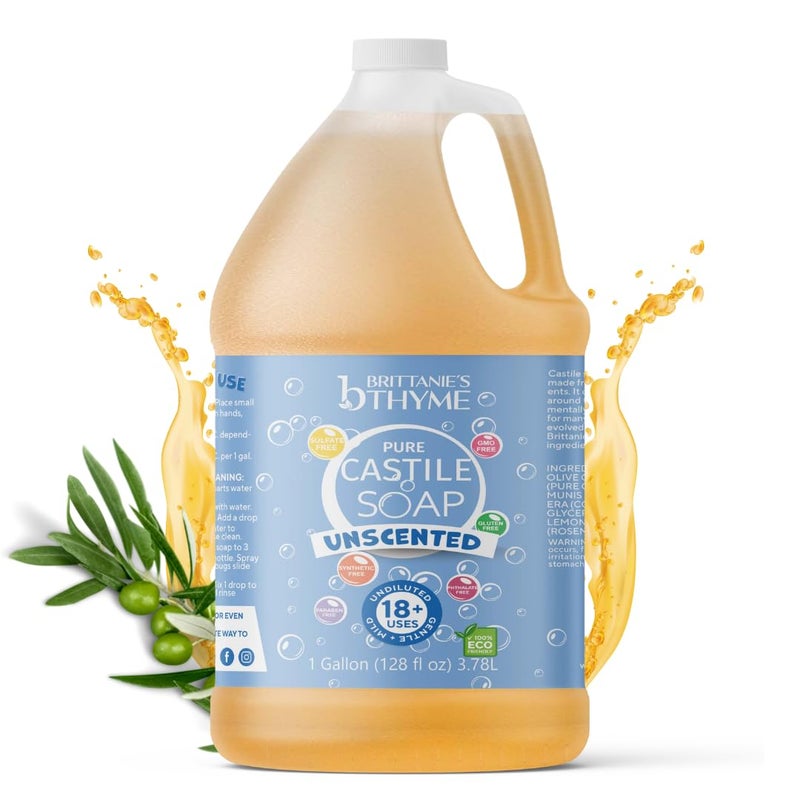 Brittanie's Thyme Brittanie's Pure Organic Castile Liquid Olive Oil Soap Refill, 1 Gallon Unscented | Face, Body Wash, All Purpose Cleaner, Dishes, Pets & Laundry | Vegan, Biodegradable, Made in USA - Image 1