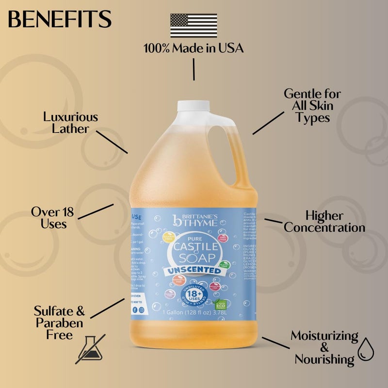 Brittanie's Thyme Brittanie's Pure Organic Castile Liquid Olive Oil Soap Refill, 1 Gallon Unscented | Face, Body Wash, All Purpose Cleaner, Dishes, Pets & Laundry | Vegan, Biodegradable, Made in USA - Image 3