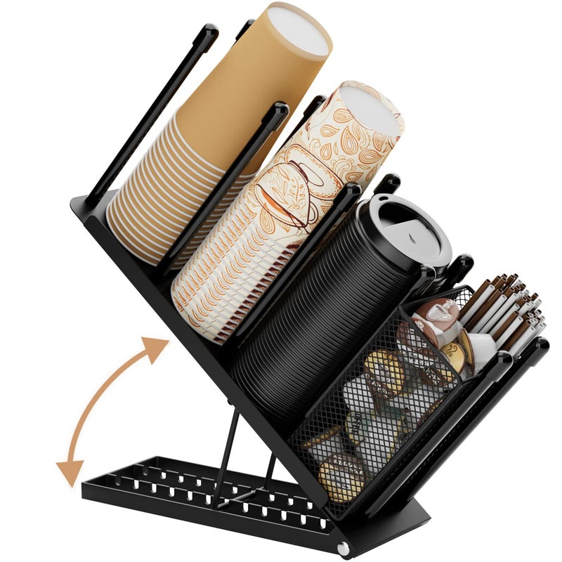 Ovicar Cup and Lid Holder  Adjustable Coffee Cup Holder Organizer 4 Compartment Disposable Cup Dispenser with Mesh Basket for Coffee Pod Straw Storage Metal Black