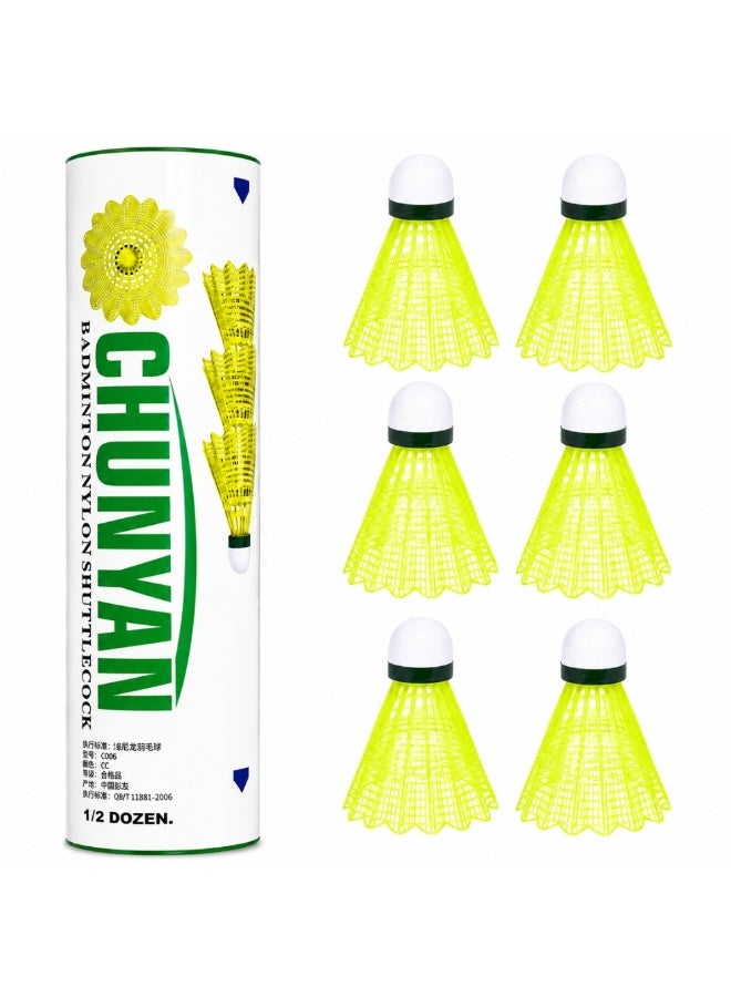 6 Pcs Nylon Badminton Shuttlecocks with Durable Plastic Head, High Visibility Yellow Birdies, Stable Flight for Indoor & Outdoor Play, Training, Practice, School, Club & Recreational Games, Long Lasting Shuttlecock Set - Image 1