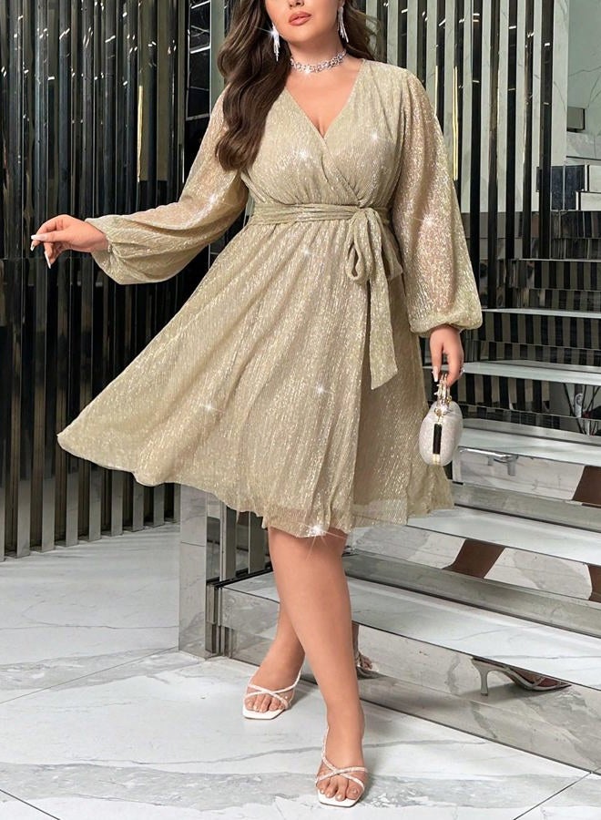 RED DOT BOUTIQUE 876 - Plus Size Elegant Sheer Sleeve Dress with Waist Sparkle Chiffon Mesh Cocktail Dress, Champagne, 2X - Image 3