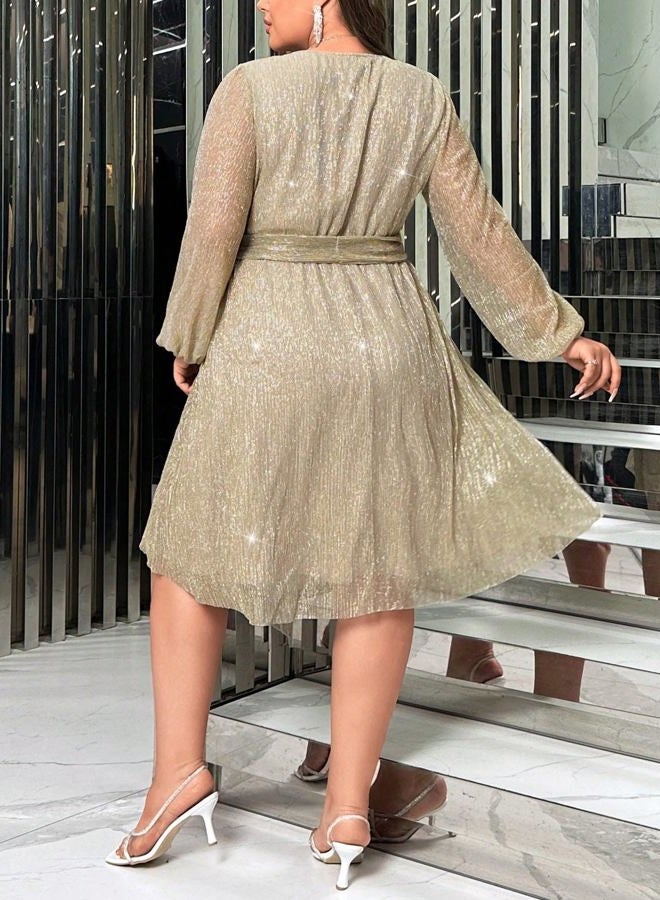 RED DOT BOUTIQUE 876 - Plus Size Elegant Sheer Sleeve Dress with Waist Sparkle Chiffon Mesh Cocktail Dress, Champagne, 2X - Image 4