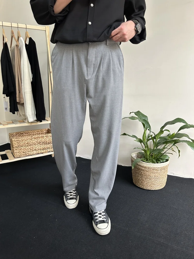 HYMAN Men's Pleated Baggy Pattern Fabric Trousers