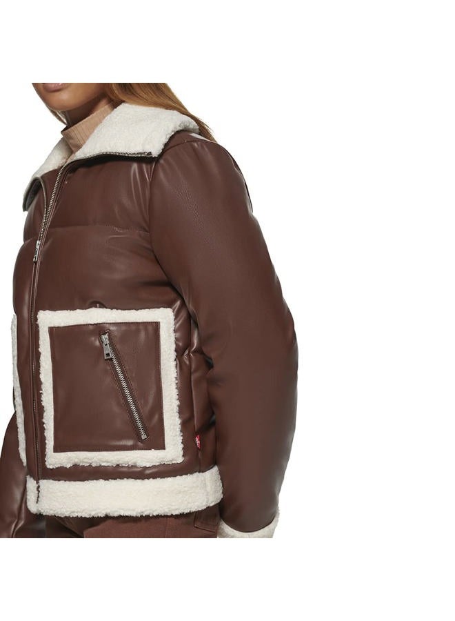 Levi's Women's Breanna Puffer Jacket (Standard and Plus Sizes), Brown Faux Leather Sherpa Pocket, XL - Image 2