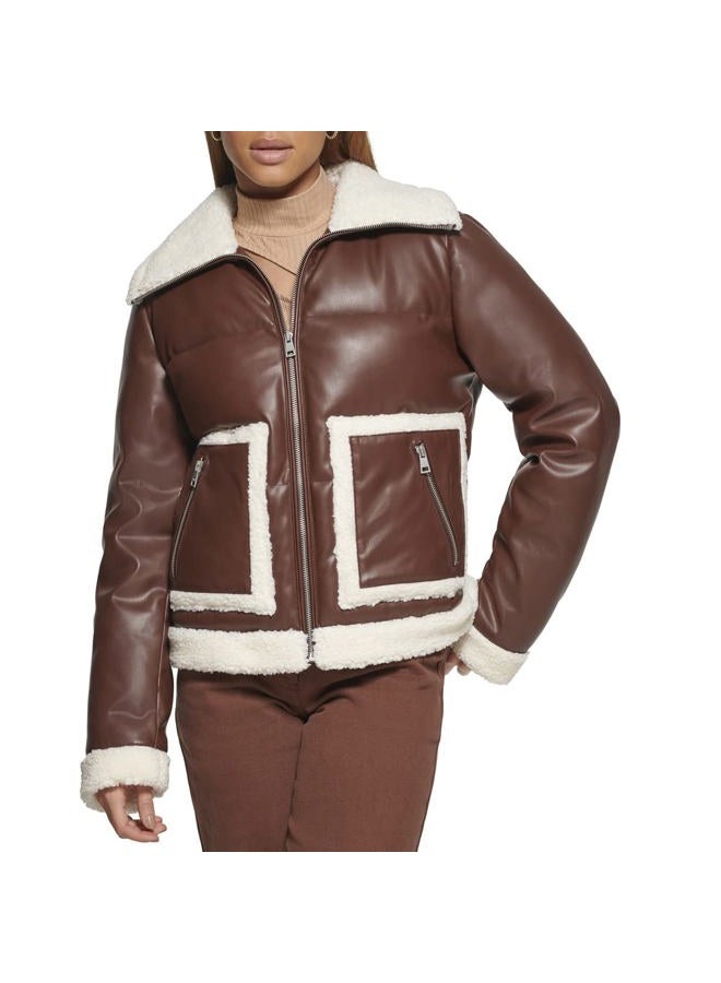 Levi's Women's Breanna Puffer Jacket (Standard and Plus Sizes), Brown Faux Leather Sherpa Pocket, XL - Image 1