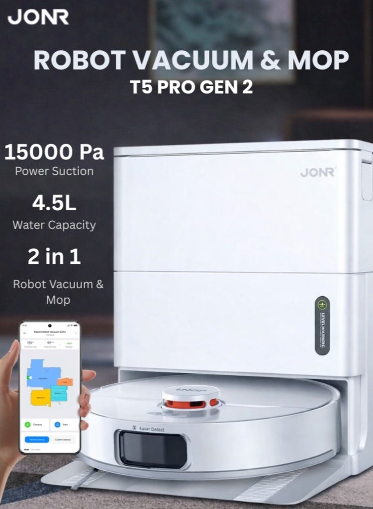 ماركة جونر مكنسة وممسحة روبوتية T5 Pro Gen2 لشعر الحيوانات الأليفة، بقوة شفط فائقة 15,000 باسكال، محطة تنظيف ذاتية التفريغ، ملاحة ذكية، مناسبة للأرضيات الصلبة والسجاد. - Image 1