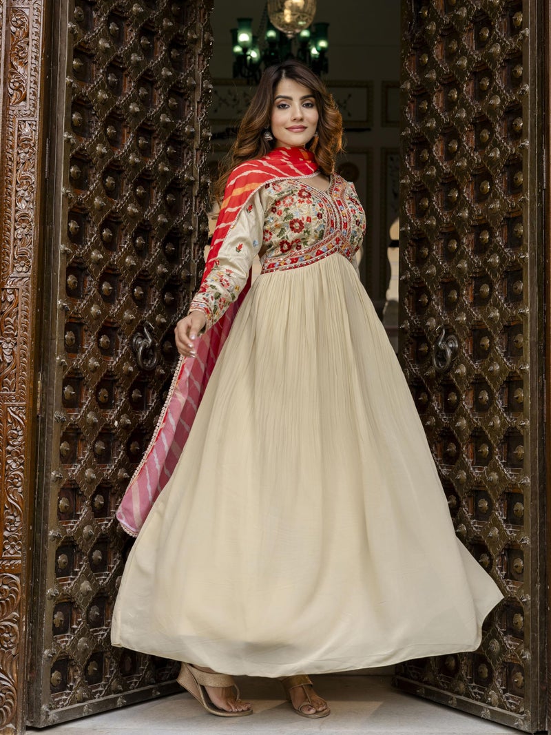 TRENDMALLS Women's Georgette Embroidery Alia Cut Anarkali Kurta Pant with Dupatta Set (G297-Beige-S) - Image 3