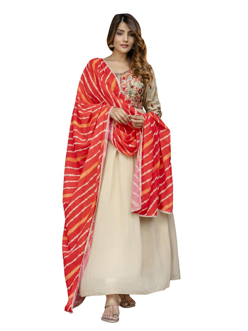 TRENDMALLS Women's Georgette Embroidery Alia Cut Anarkali Kurta Pant with Dupatta Set (G297-Beige-S) - Image 1