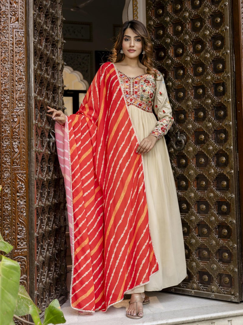 TRENDMALLS Women's Georgette Embroidery Alia Cut Anarkali Kurta Pant with Dupatta Set (G297-Beige-S) - Image 5