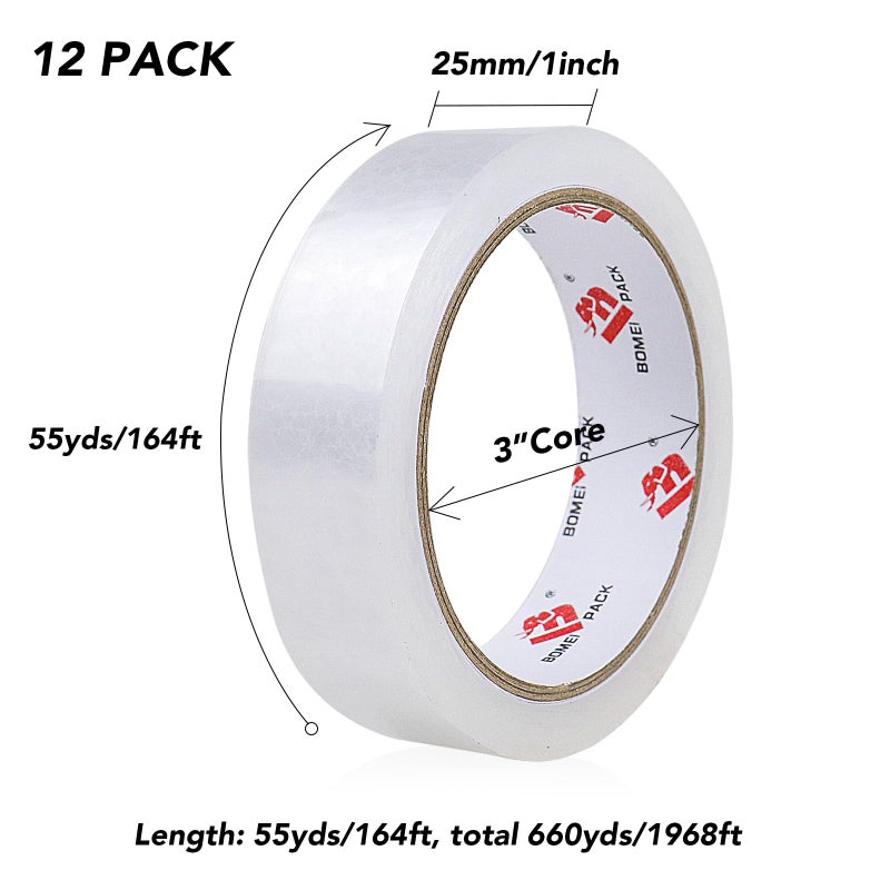 Bomei Pack Clear Tape  1 Inch X 164 Ft  Transparent Tape Refills  3"" Core Big Roll Stationery Tape  Strong Gift Wrap Tape For Home  Office  12 Rolls Fit 3 Inch Desktop Dispenser - Image 2