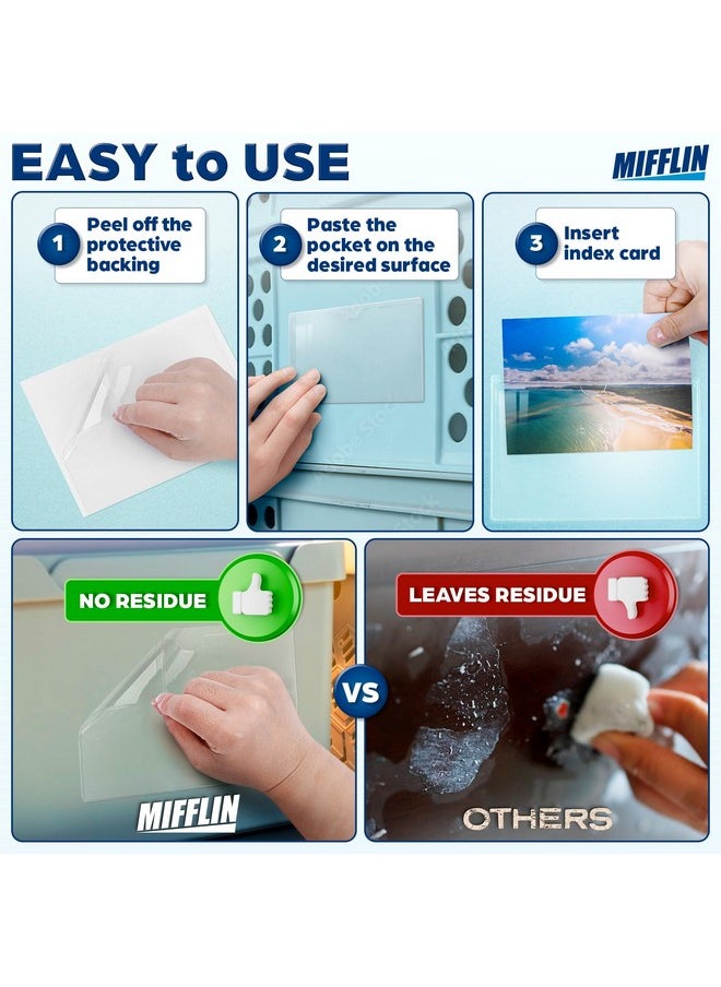 MIFFLIN MIFFLIN-USA Index Card Holder (3x5”, 100 Pack), Clear Self-Adhesive Card Pockets, Label Holders for Organizing Storage Bins & Containers, Plastic Sleeves for Protecting Cards & Labels  - Image 5
