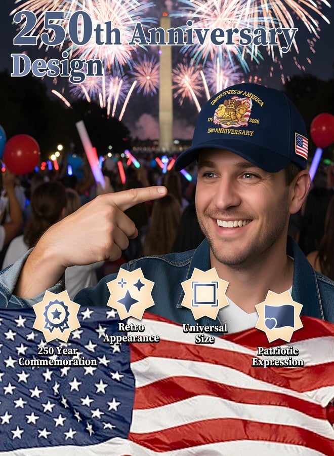 INCOK 250 Year American Anniversary Hat - Adjustable Blue 250 Anniversary USA Hat with American Eagle Pendant Patriotic Embroidered Hats for Men Women - Image 2
