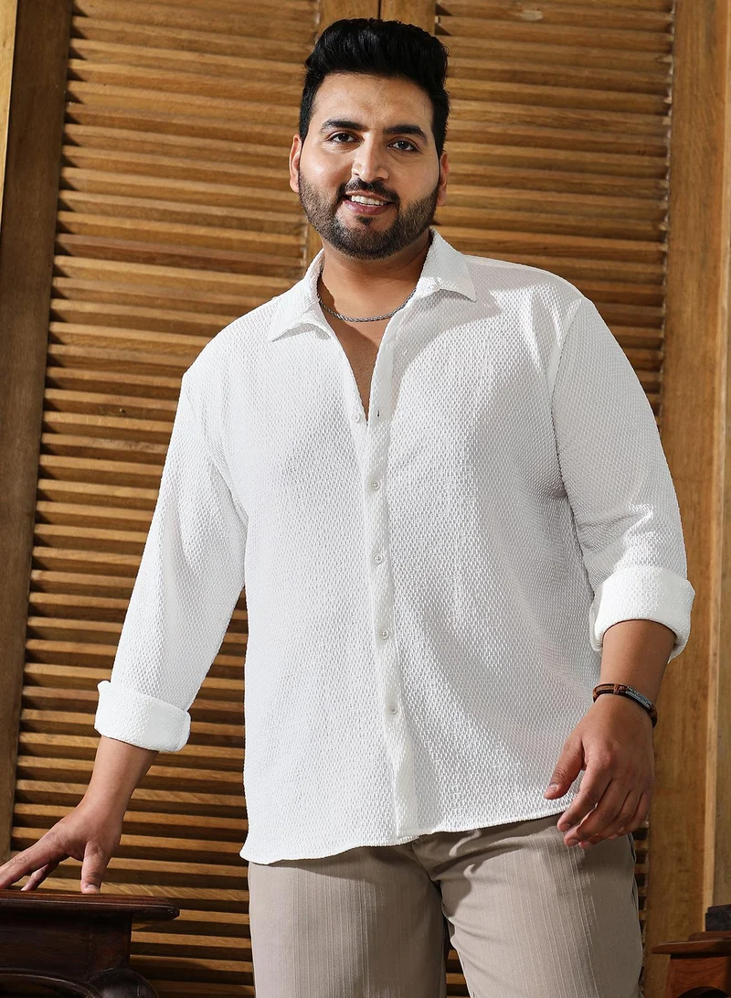 Instafab Plus Instafab Plus Men's Chalk White Weave-Tactile Shirt For Casual Wear | Spread Collar | Long Cuffed Sleeves | Button Closure | Plus Size Shirt Crafted With Comfort Fit For Everyday Wear