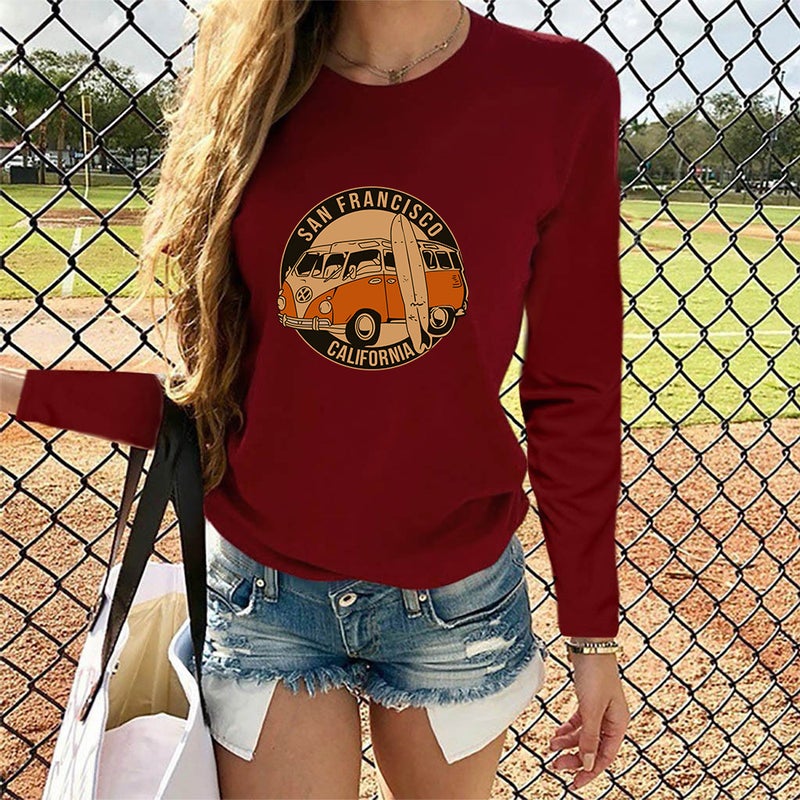 Fall 2021 new arrival SAN FRANCISCO CALL FOR NIA vintage car women's long-sleeved T-shirt - Image 5