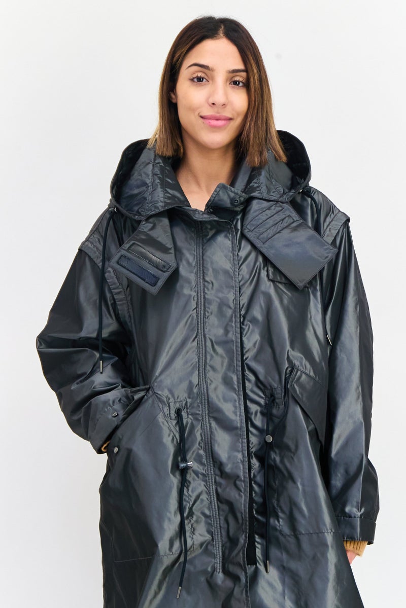 ESPRIT Women Embrooidered Logo Hooded Parka Jacket, Metallic Grey  - Image 2
