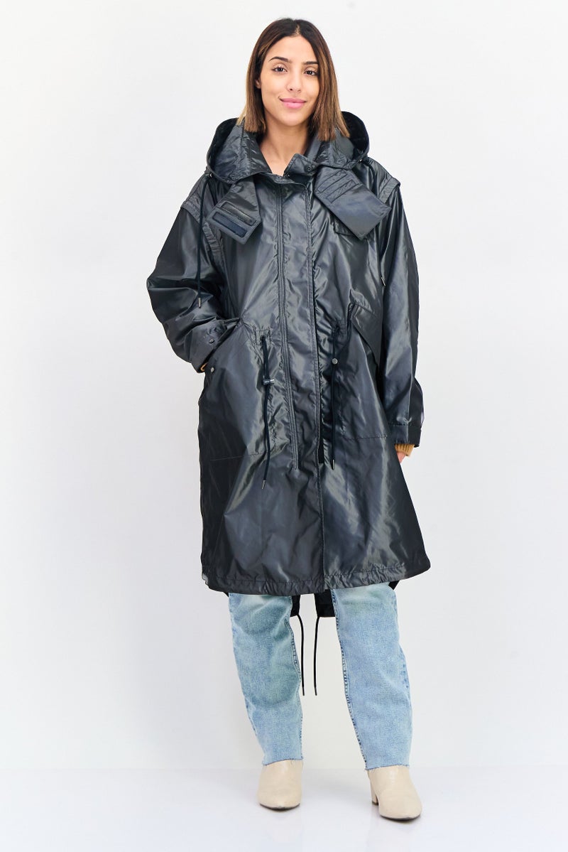ESPRIT Women Embrooidered Logo Hooded Parka Jacket, Metallic Grey  - Image 1