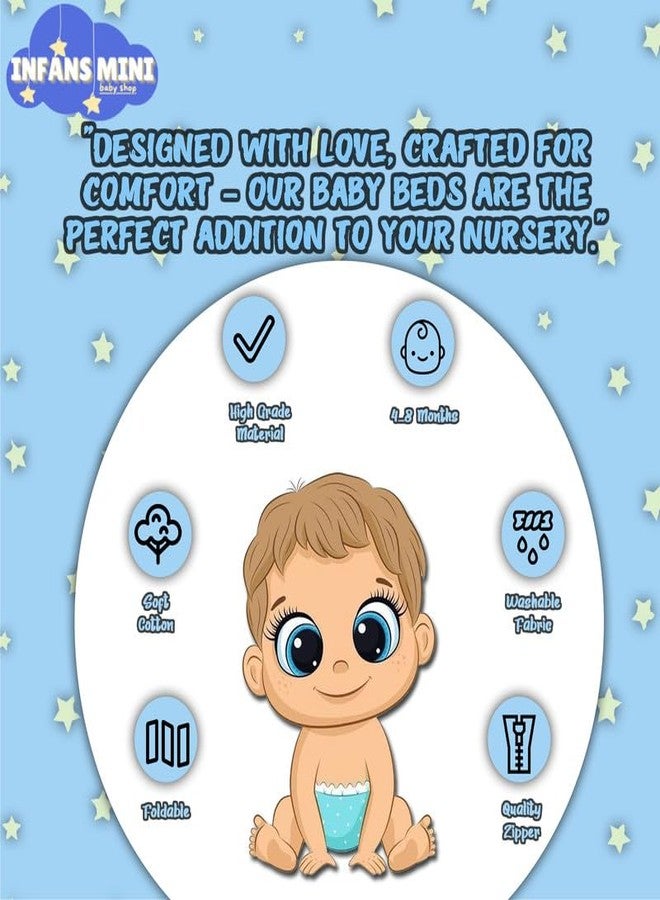 Infans Mini New Born Baby Bedding Set Premium Cotton|Baby Carry Bed|Mosquito Net Bed|Baby Sleeping Bed for 4-8 Months Babies(Mega)|Unisex 3 Pcs Portable Bedding Set |(Milky Star Blue) - Image 3