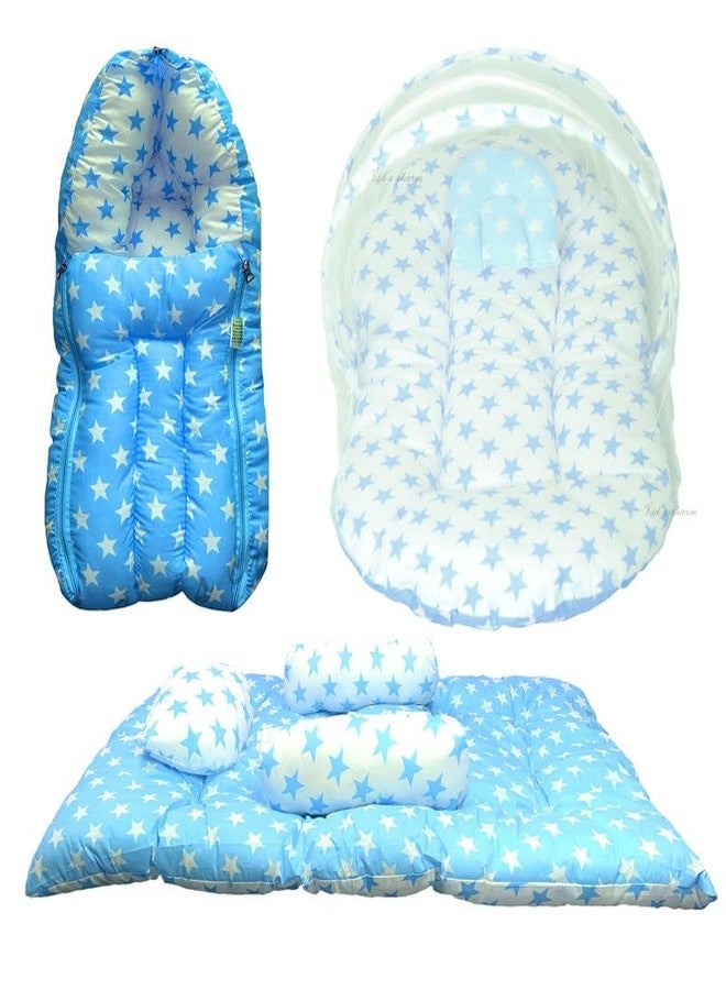 Infans Mini New Born Baby Bedding Set Premium Cotton|Baby Carry Bed|Mosquito Net Bed|Baby Sleeping Bed for 4-8 Months Babies(Mega)|Unisex 3 Pcs Portable Bedding Set |(Milky Star Blue) - Image 1
