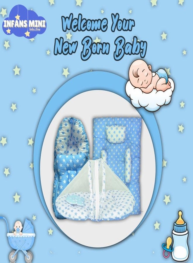 Infans Mini New Born Baby Bedding Set Premium Cotton|Baby Carry Bed|Mosquito Net Bed|Baby Sleeping Bed for 4-8 Months Babies(Mega)|Unisex 3 Pcs Portable Bedding Set |(Milky Star Blue) - Image 5