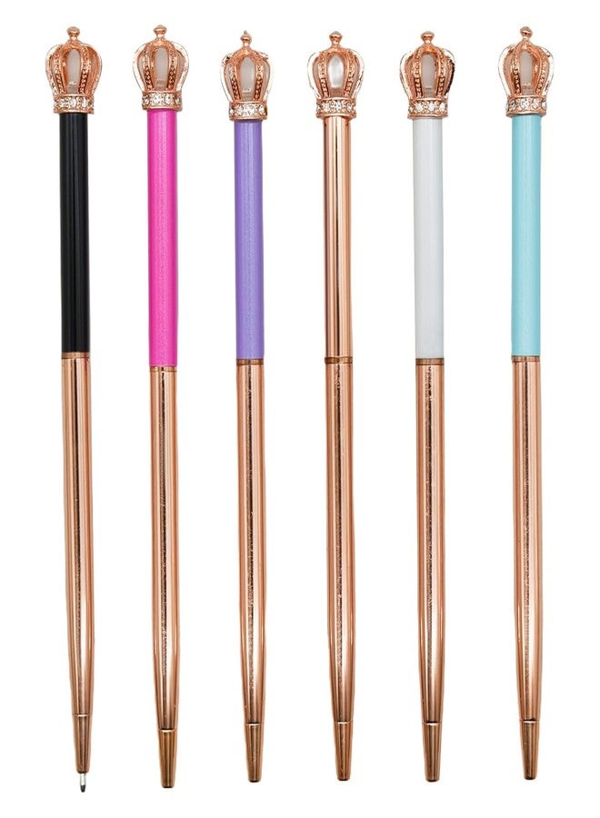 Lopenle 6 PCS Fashion Crown Pens - Luxury Metal Ballpoint Pens for Women, 1.0mm Black Ink, Elegant Twist Pen Set for Office, School, Party, Christmas & Birthday Gifts - Image 1