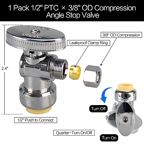 PXZBLG 20pcs Stop Valves 12 38 Angle Stop Valve 12 PTC Input 38 OD Compression Output Push to Connect 14 Turn Chrome Plated Brass for Faucet Toilet Valves No Lead - Image 3