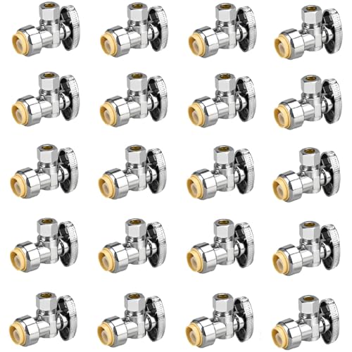 PXZBLG 20pcs Stop Valves 12 38 Angle Stop Valve 12 PTC Input 38 OD Compression Output Push to Connect 14 Turn Chrome Plated Brass for Faucet Toilet Valves No Lead - Image 1