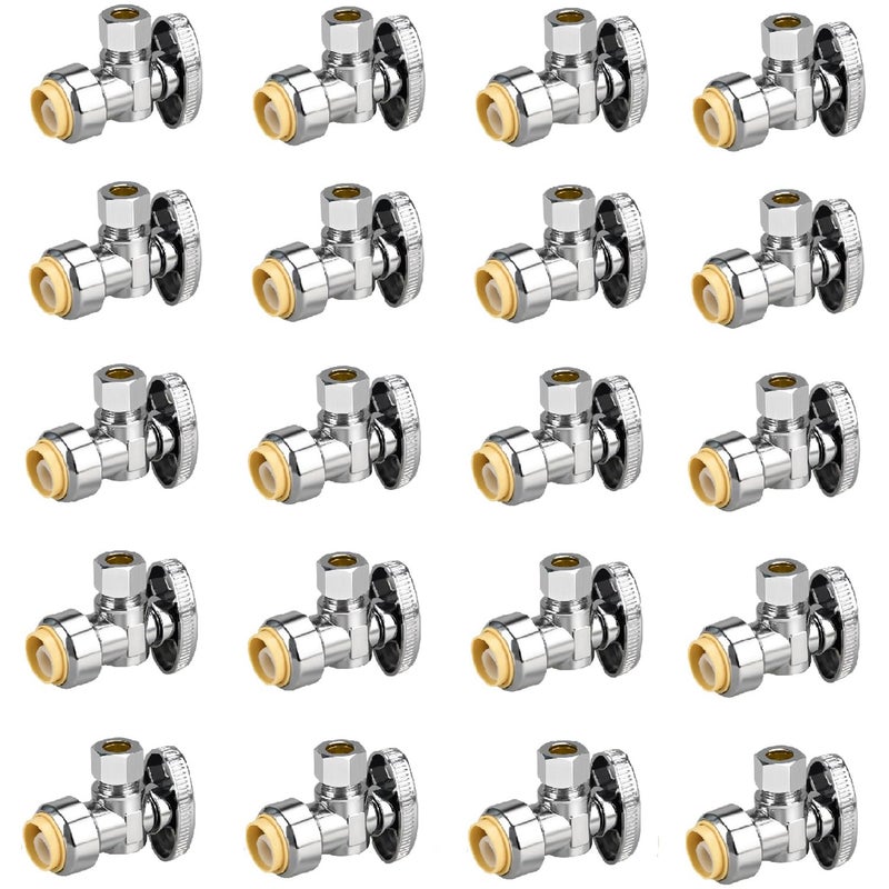PXZBLG 20pcs Stop Valves 12 38 Angle Stop Valve 12 PTC Input 38 OD Compression Output Push to Connect 14 Turn Chrome Plated Brass for Faucet Toilet Valves No Lead - Image 2