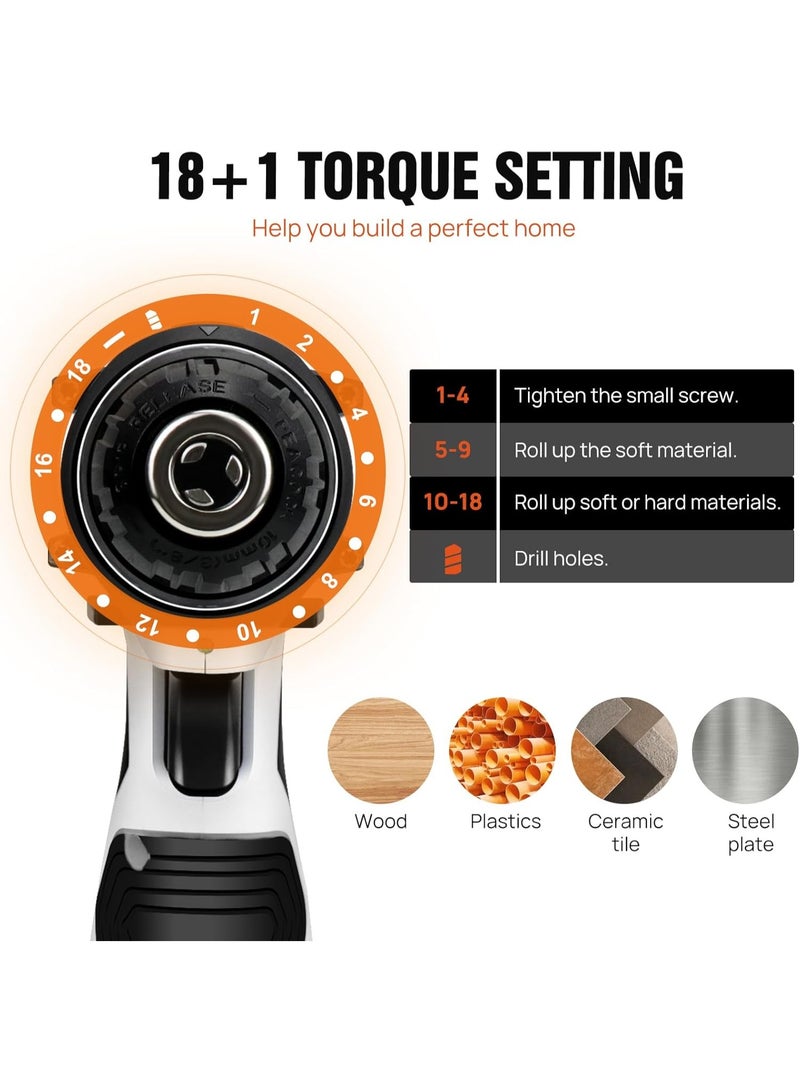 Cordless Power Drill, Handheld Screwdriver Drill Set with 2 Batteries & 23pcs Bits, 18+1 Torque Setting, 2-Speed Combi Drill, 3/8" Chuck Drill Driver Kit with Kitbox for Home DIY - Image 2