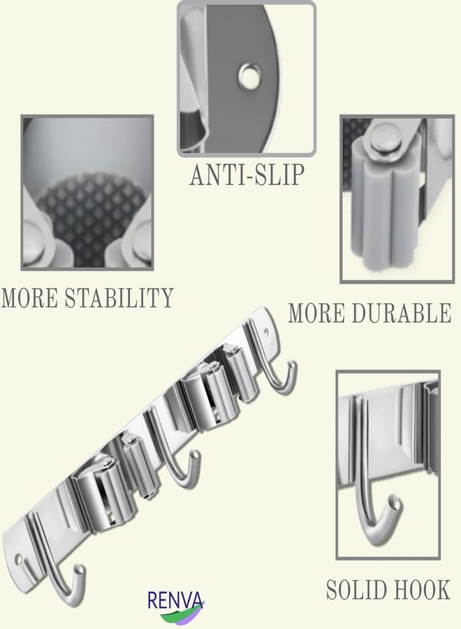 RENVA 2PCS Broom Holder Wall Mount 2 Slots 3 Hook Heavy Duty Stainless Steel Mop and Broom Organizer Rack for Wall, Tool Hanger for Kitchen, Bathroom, Garden, Home Storage (Silver, Pack 2-2 Slot) - Image 3
