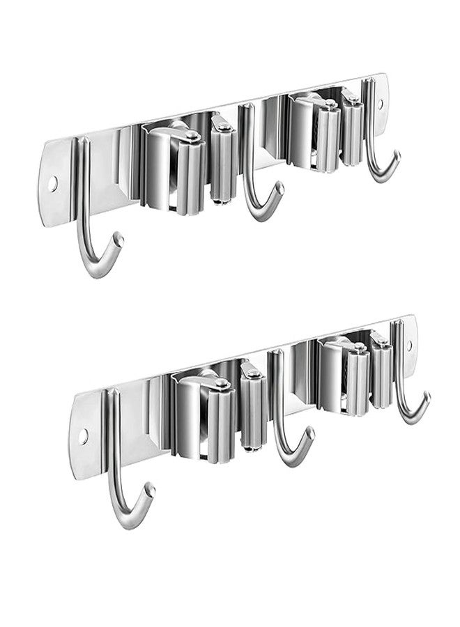 RENVA 2PCS Broom Holder Wall Mount 2 Slots 3 Hook Heavy Duty Stainless Steel Mop and Broom Organizer Rack for Wall, Tool Hanger for Kitchen, Bathroom, Garden, Home Storage (Silver, Pack 2-2 Slot) - Image 1