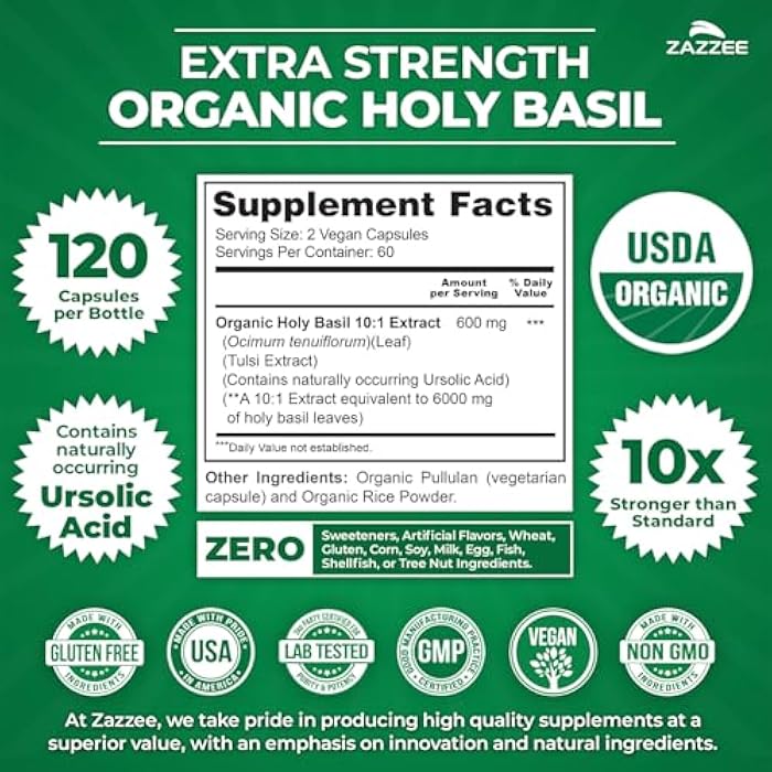 Zazzee USDA Organic Holy Basil 10:1 Extract, 120 Vegan Capsules, 4 Month Supply, Tulsi Extract, Ursolic Acid, Ocimum Tenuiflorum, Antioxidant & Stress Support, All-Natural, Non-GMO, Made in the USA - Image 3