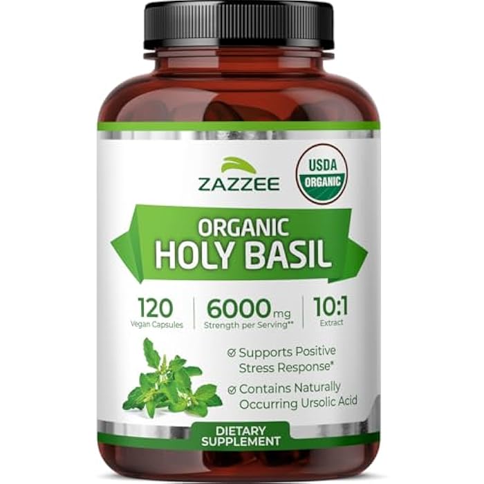 Zazzee USDA Organic Holy Basil 10:1 Extract, 120 Vegan Capsules, 4 Month Supply, Tulsi Extract, Ursolic Acid, Ocimum Tenuiflorum, Antioxidant & Stress Support, All-Natural, Non-GMO, Made in the USA - Image 1