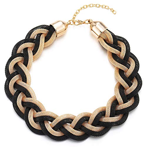 COOLSTEELANDBEYOND 18K Gold-Plated Black Statement Necklace, Braided Hollow Cable Large Bib Choker Collar, Dress Prom - Image 1