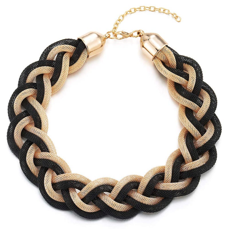 COOLSTEELANDBEYOND 18K Gold-Plated Black Statement Necklace, Braided Hollow Cable Large Bib Choker Collar, Dress Prom - Image 5