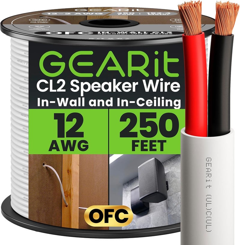 GearIT 12/2 Speaker Wire (250 Feet) 12AWG Gauge - in Wall Audio Speaker Wire Cable / CL2 Rated / 2 Conductors - OFC Oxygen-Free Copper, White 250ft - Image 1
