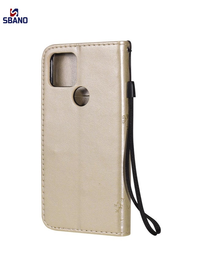 Case Cover For Google Pixel 5 Tree & Cat Embossed Pattern Horizontal Flip Leather Case with Holder & Card Slots & Wallet & Lanyard(Gold)