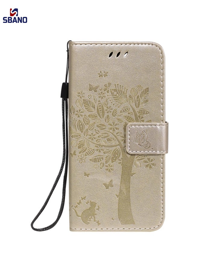 Case Cover For Google Pixel 5 Tree & Cat Embossed Pattern Horizontal Flip Leather Case with Holder & Card Slots & Wallet & Lanyard(Gold)